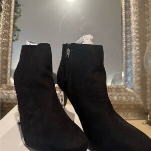 Statement Crystal Heel Booties – Black Faux Suede – NEW IN BOX